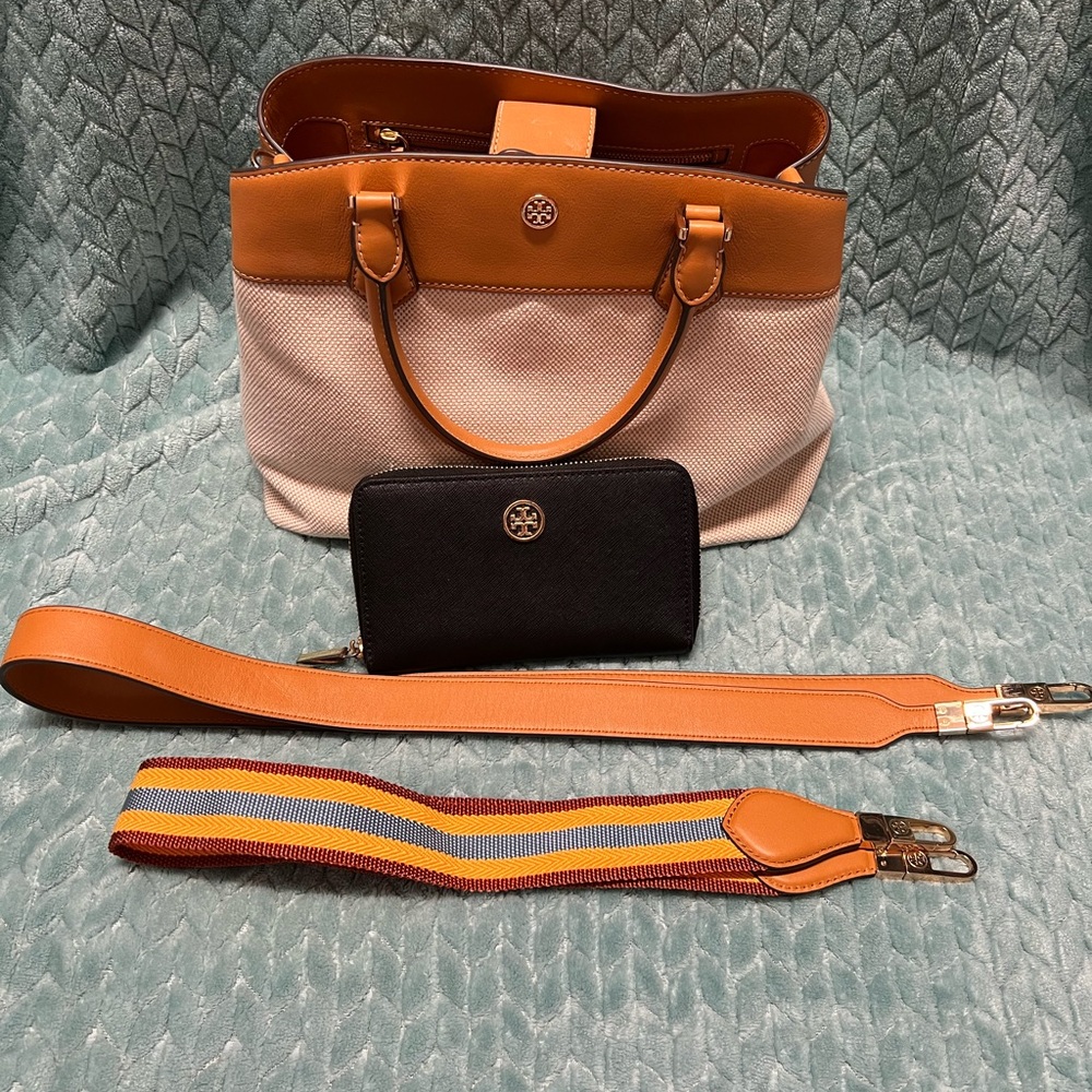 Tory Burch Leather Canvas Crossbody Tote & wallet